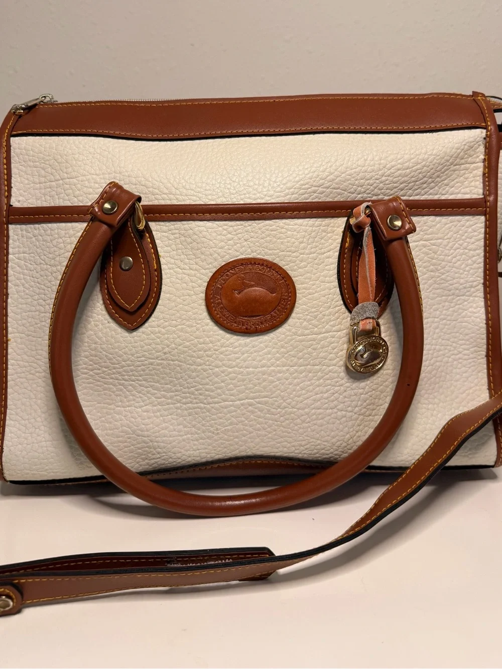 Vintage Dooney & Bourke Cream and Tan Pebble Leather Satchel and Crossbody Bag